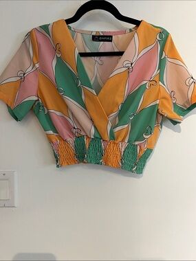 Vintage Multicolor Printed V-Neck Crop Top - Green/Yellow/Pink